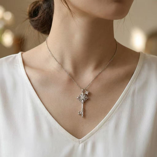 Original Design Fleur-de-lis Key Necklace - S925 Sterling Silver Short Chain